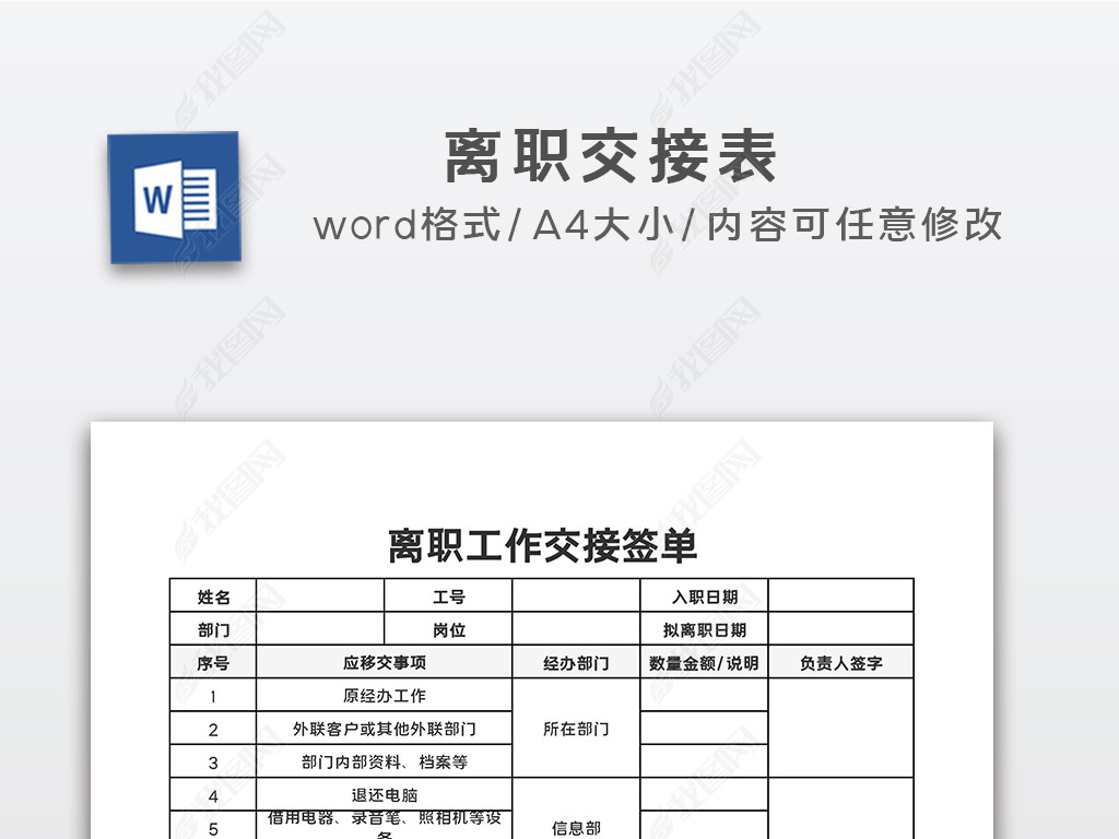 原创公司离职员工工作交接表excel表格