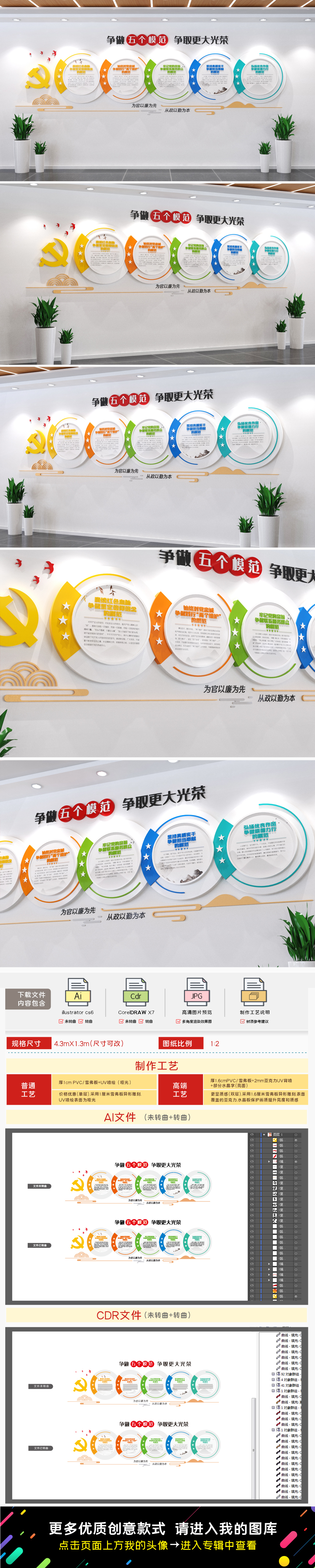 争做五个模范争取更大光荣党建文化墙