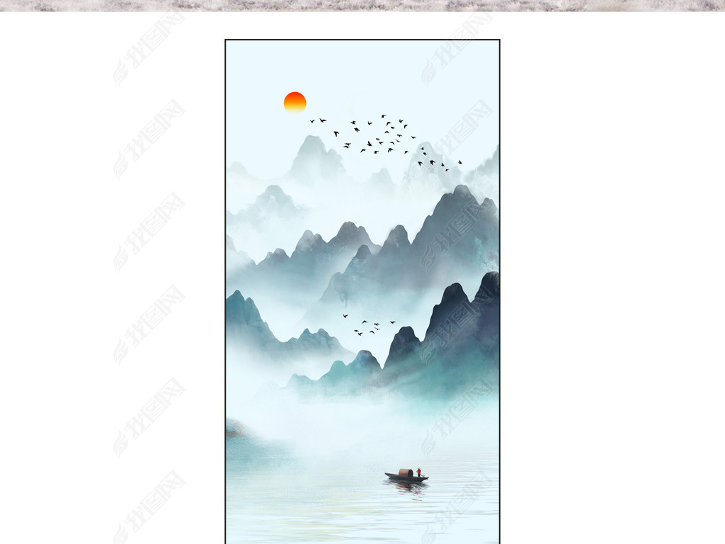 原创湖光山色图新中式山水画玄关隔断版权可商用