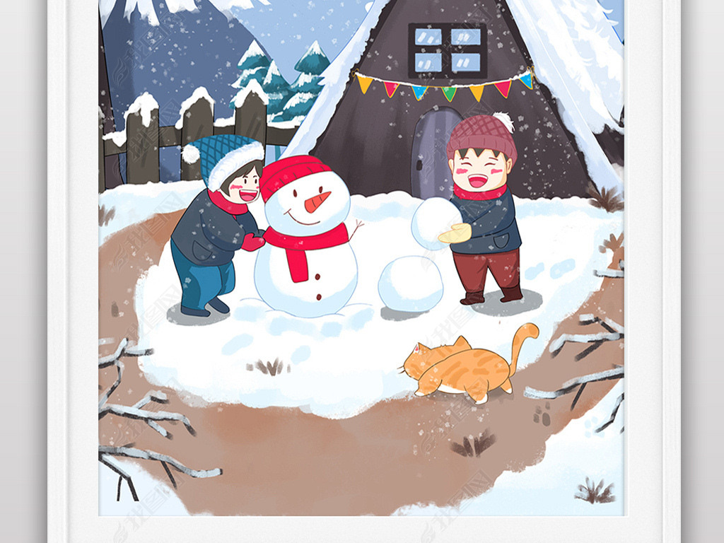 冬至喜庆堆雪人卡通节气插画雪景