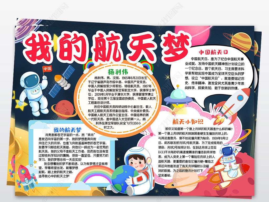 原创航天梦手抄报航空航天我爱航天科学电子小报模板版权可商用