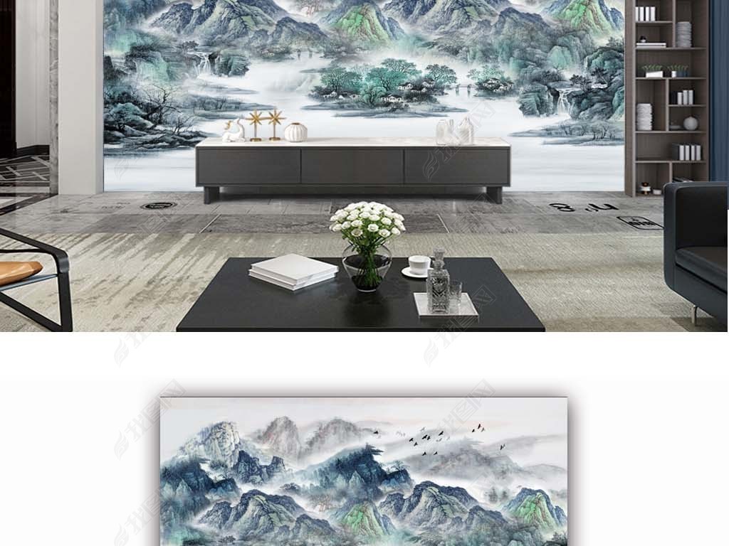 原创现代简约新中式纹意境水墨山水电视背景墙版权可商用