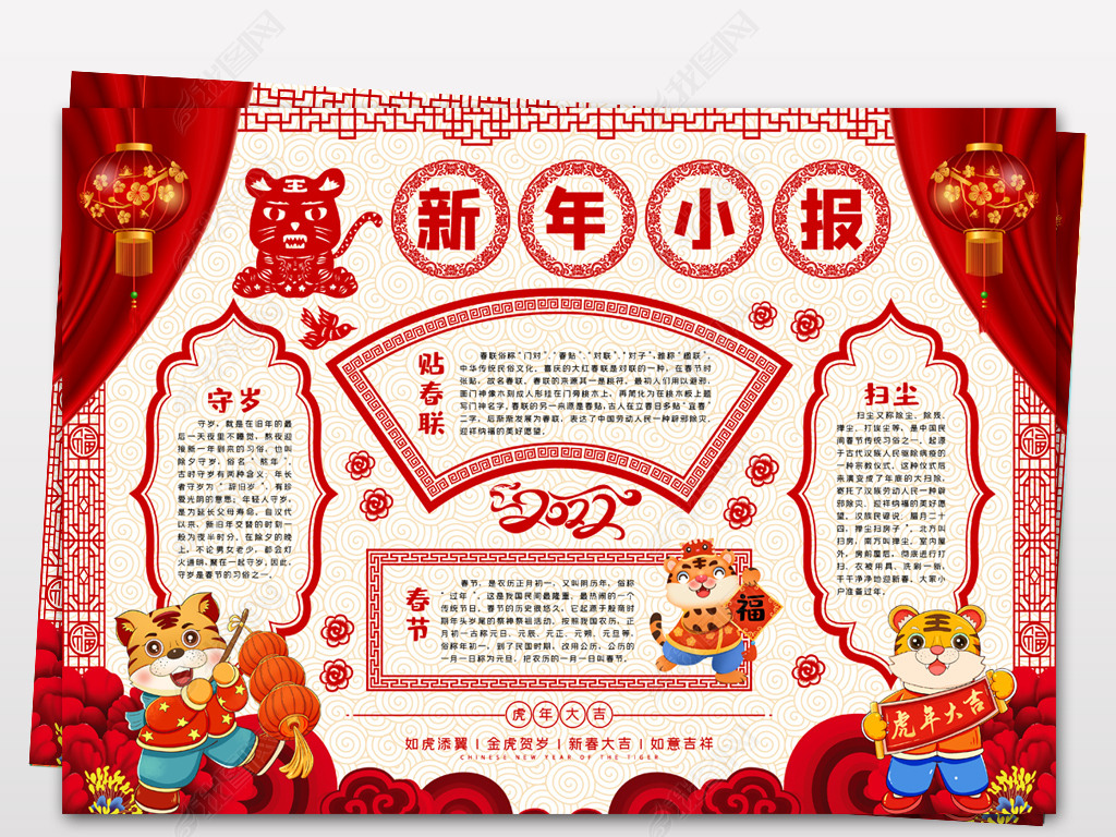 2022虎年春节新年元旦春节习俗小报模板下载-编号-|手