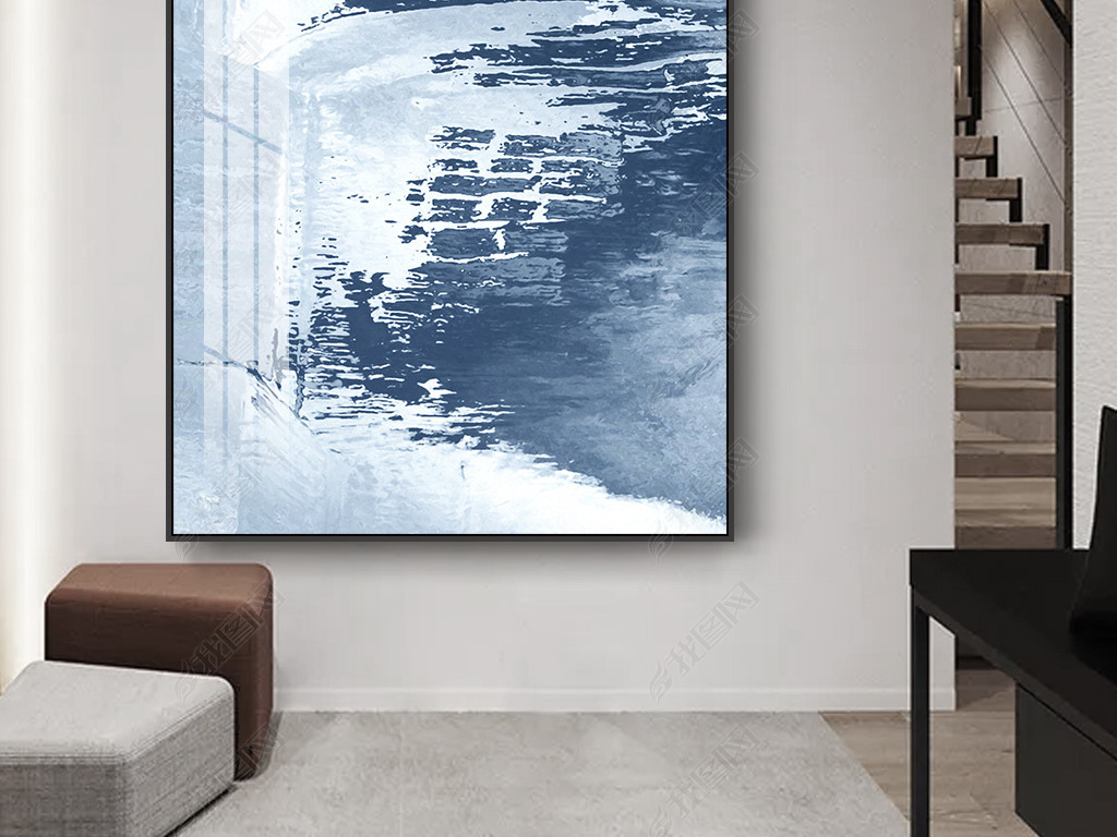 北欧抽象蓝色水彩笔触肌理风景油画玄关装饰画