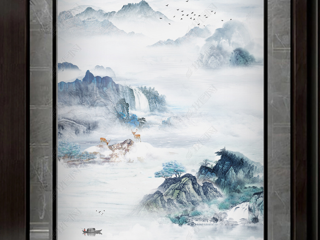原创新中式水墨山水大理石纹山水复式楼背景墙版权可商用