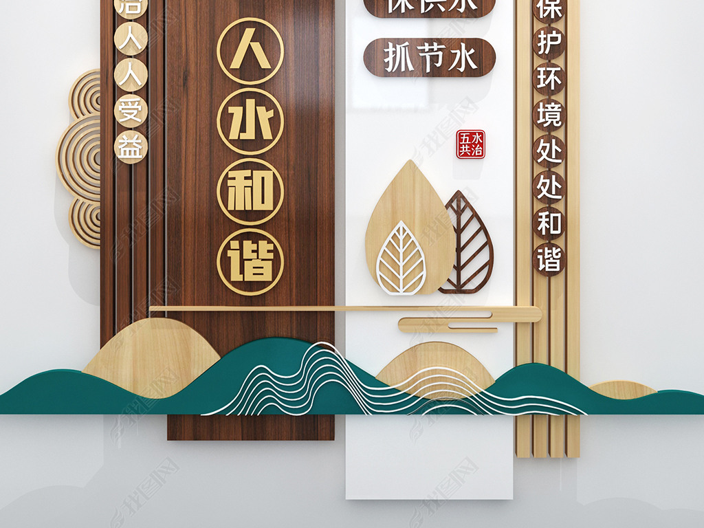 原创五水共治人水和谐竖版文化墙环境保护水利文化墙版权可商用