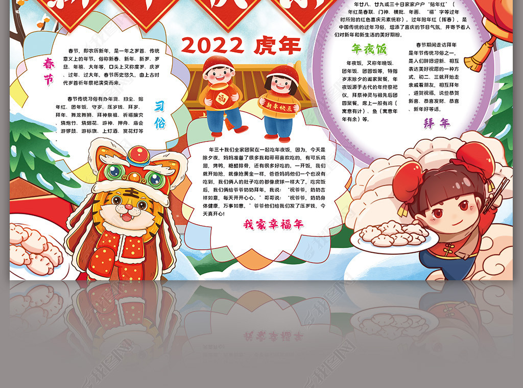 原创2022年春节元旦小报新年虎年大吉小报手抄报版权可商用