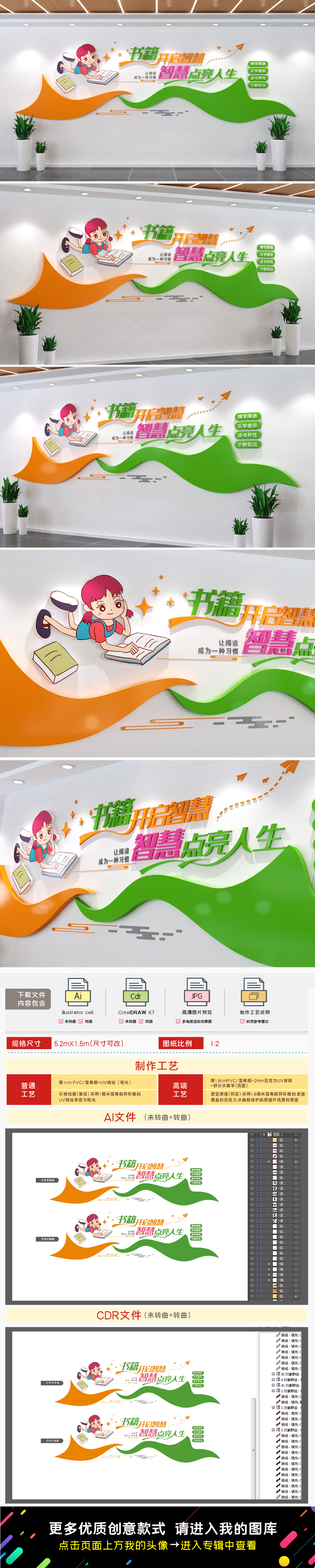 原创卡通风格学校图书馆阅览室读书文化墙-版权可商用
