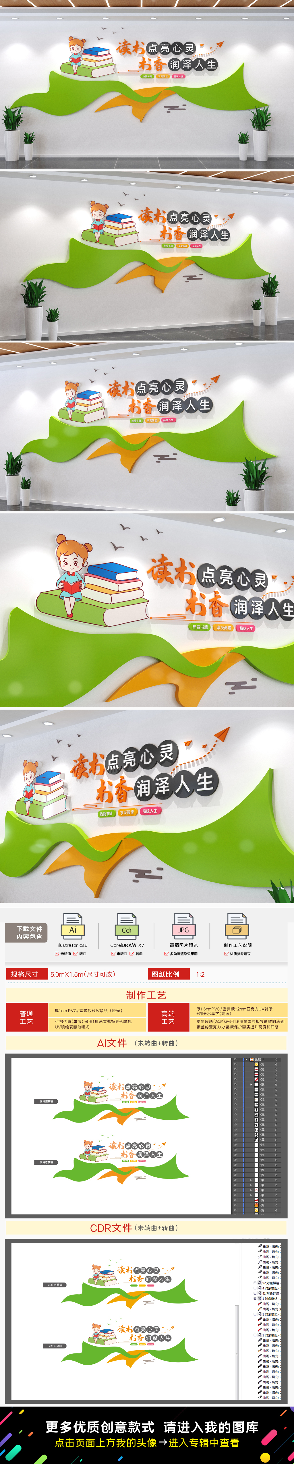 原创清新卡通学校图书馆阅览室读书文化墙-版权可商用