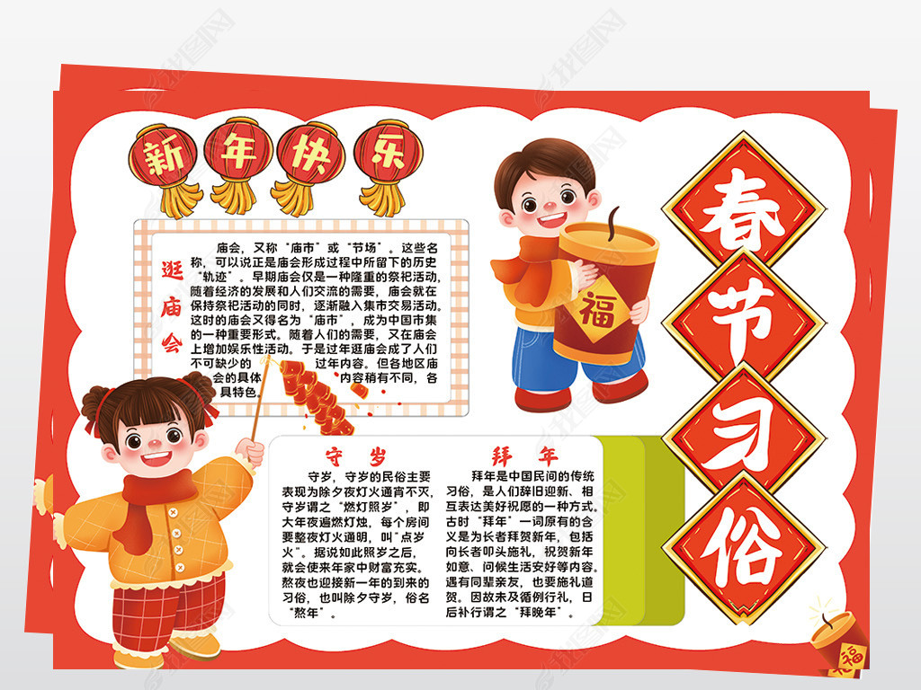 春节习俗小报模板2022年虎年线描手抄报素材