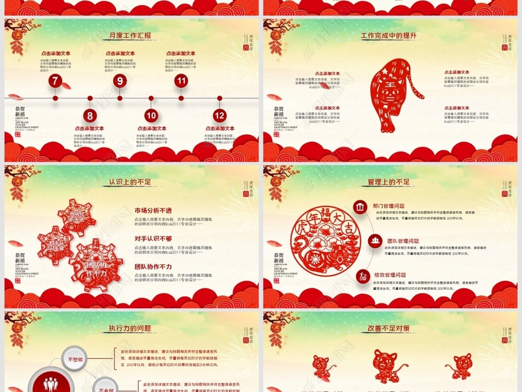 原创2022春节民俗新年虎年年终总结ppt模板版权可商用