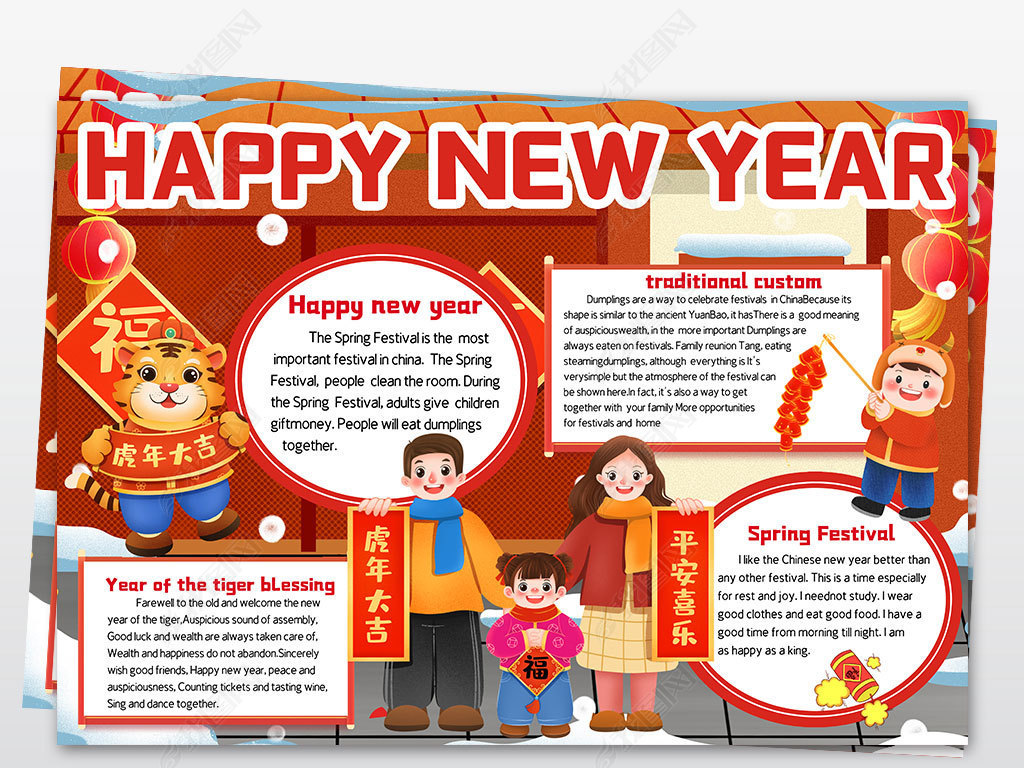 虎年大吉小报2022年春节新年快乐线稿手抄报