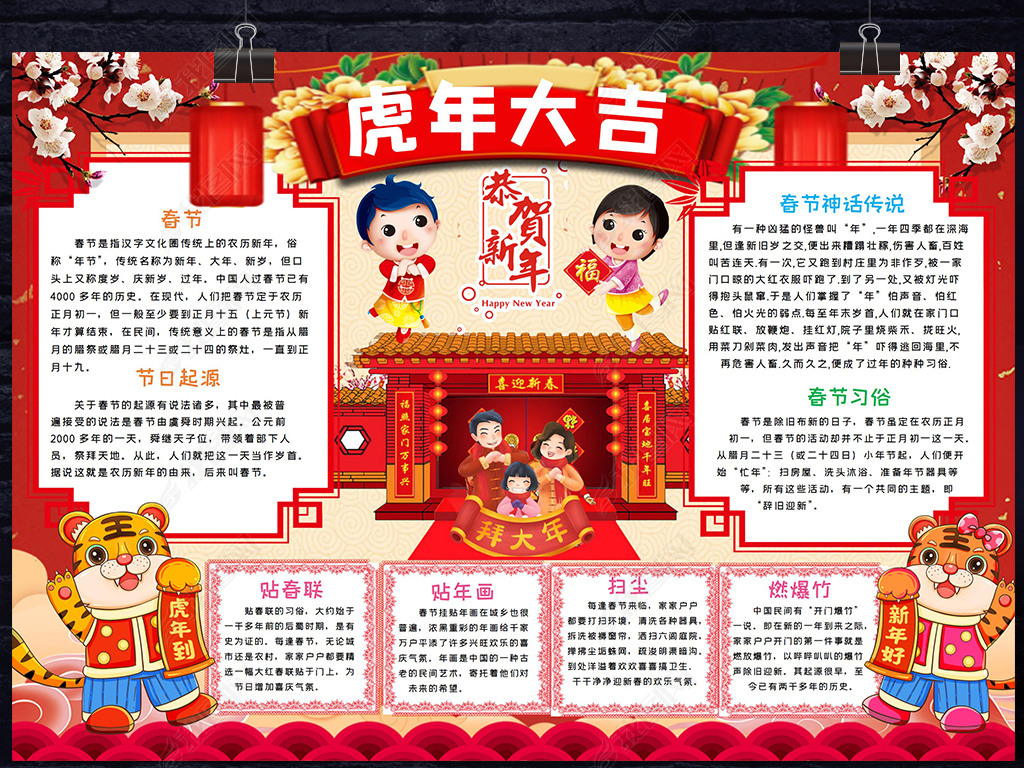 春节手抄报2022虎年新年除夕小学生电子小报
