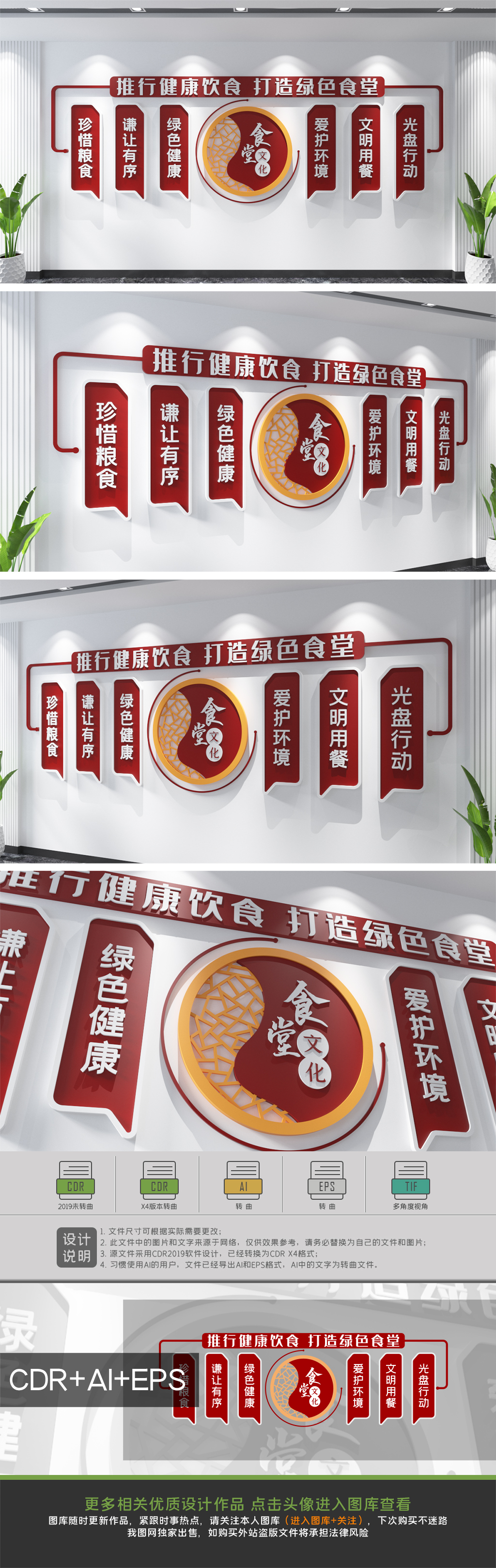 中式健康饮食绿色食堂文化珍惜粮食文化墙