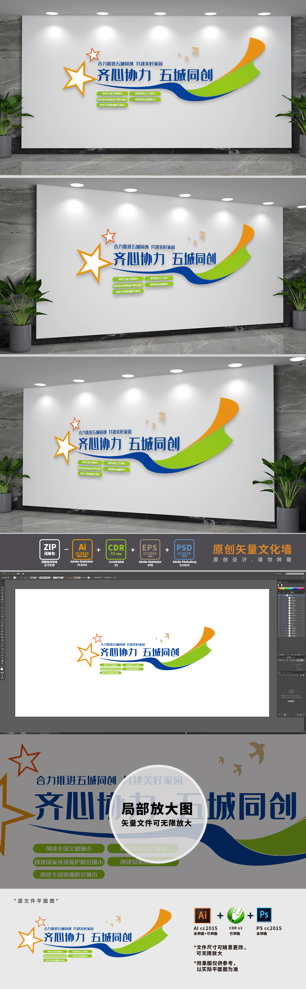 齐心协力五城同创口号文化墙