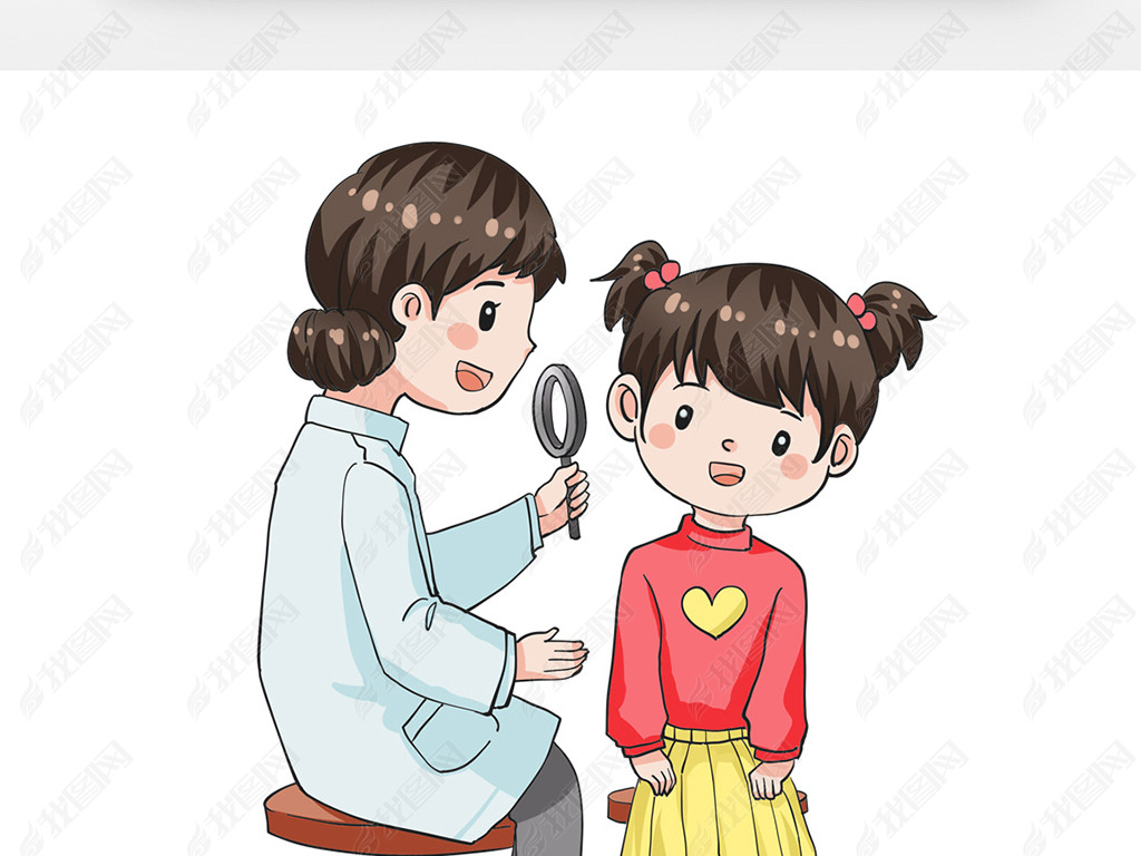 原创红色女孩爱耳日医生检查儿童插画版权可商用