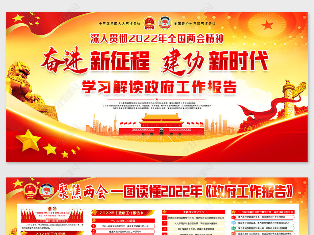 2022全国两会学习解读政府工作报告宣传展板下载-编号26749621-党建