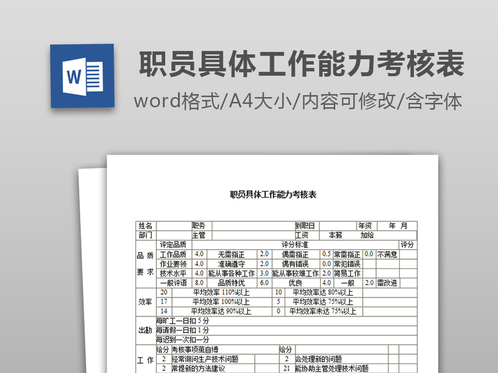 职员具体工作能力考核表模板下载_word|doc格