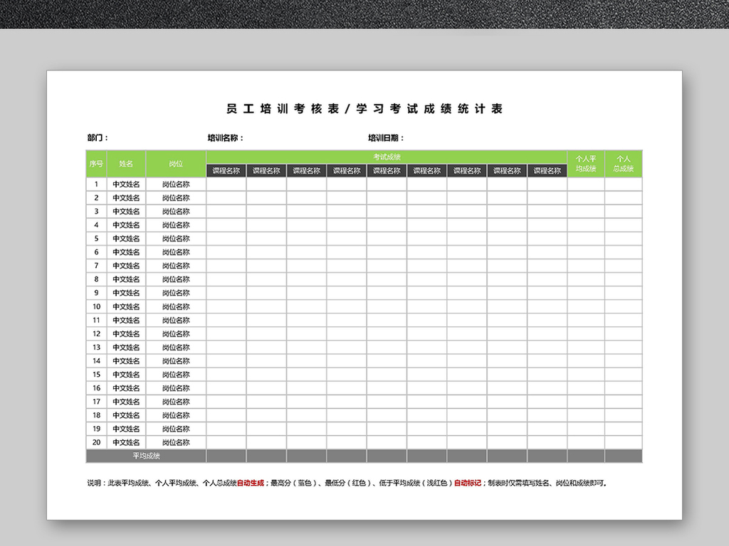 员工培训考核表学习考试成绩统计表模板下载_