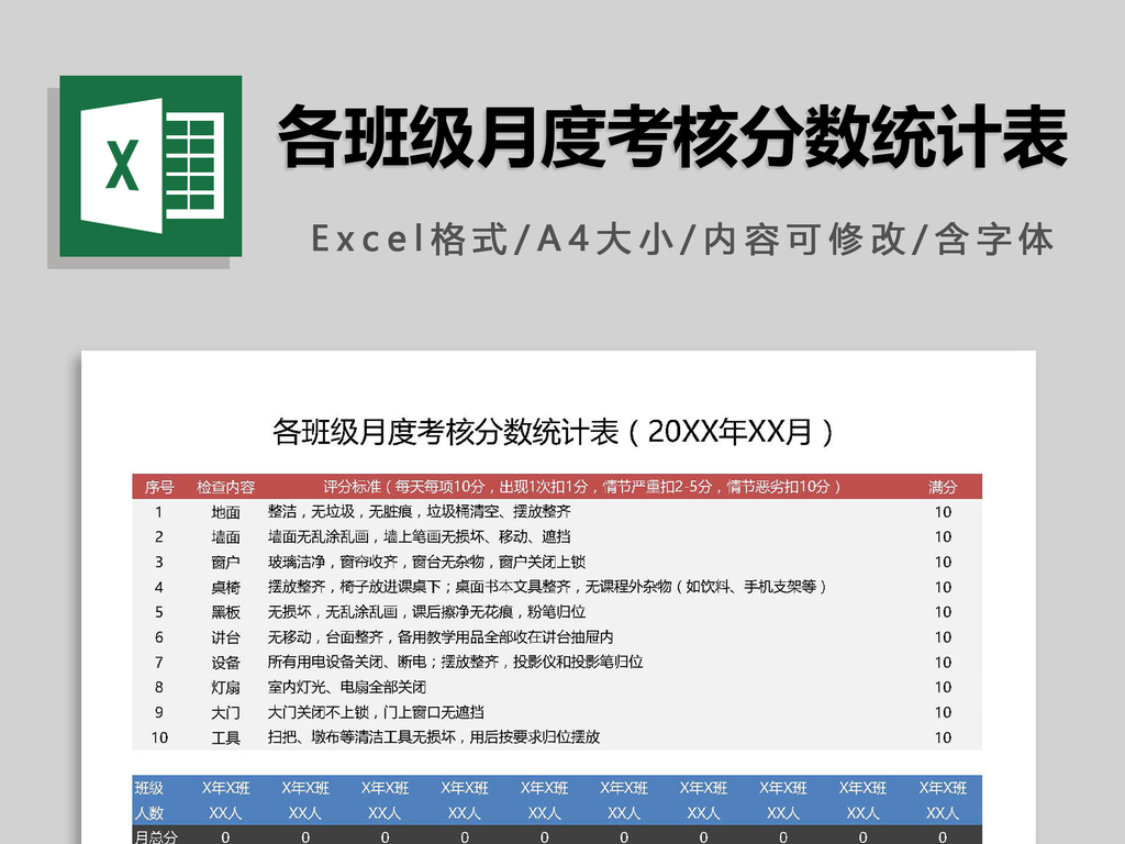 各班级月度考核分数统计表模板下载_Excel|do