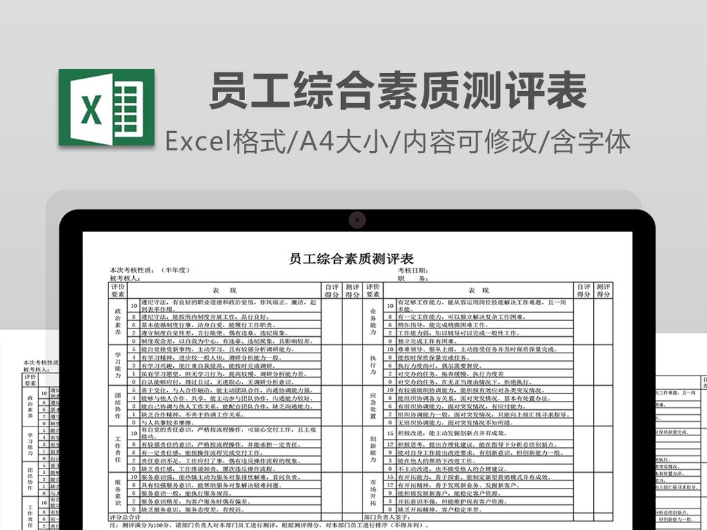 员工综合素质测评表模板下载_Excel格式(编号