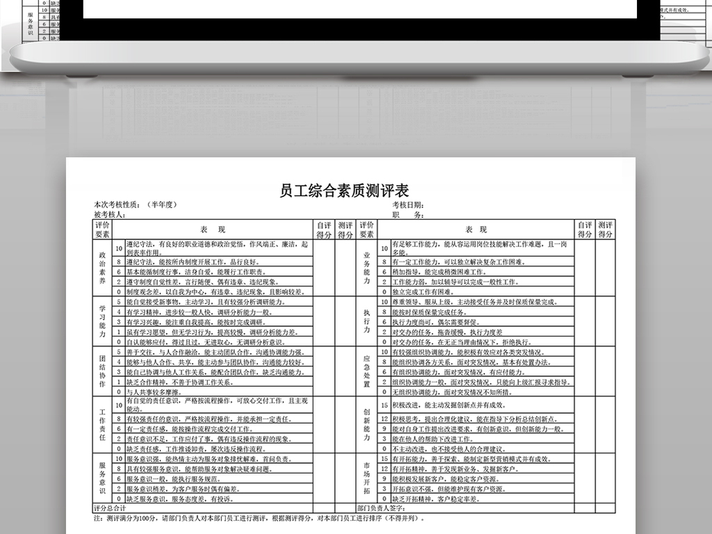 员工综合素质测评表模板下载_Excel格式(编号