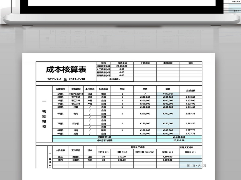 成本核算表模板excel表格下载_Excel格式(编号