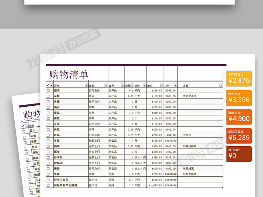 购物采购物品费用明细清单下载-(excel表格模板编号)