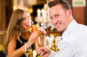 happy couple in restaurant eat fast food