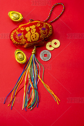 Chinese new year decorations and Auspicious ornaments on red bac