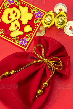 Chinese new year decorations and Auspicious ornaments on red bac