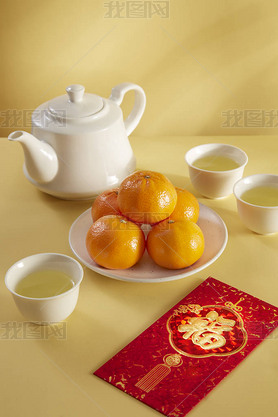 Chinese new year food and drink still life with red envelope Ang pao.