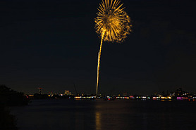 Fireworks near Edogawabashi river in Tokyo wide shot