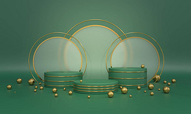 Three podiums, three green background coasters with golden balls, spheres and three glass circles. P