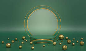 Podium, green background stand with golden balls, spheres and glass round. Premium background for ad