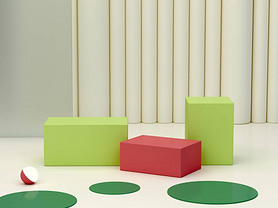 Minimal podium to show a product with geometrical forms in green, cream and pink colors. Abstract co