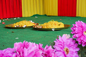 Holy food, called vog being offered to idol of God Jagannath, Balaram and Suvodra. Ratha jatra festi