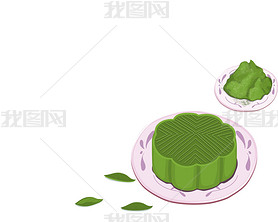 Mooncake matcha green tea flavour on plate with green tea leaves decoration and green tea powder. Cl
