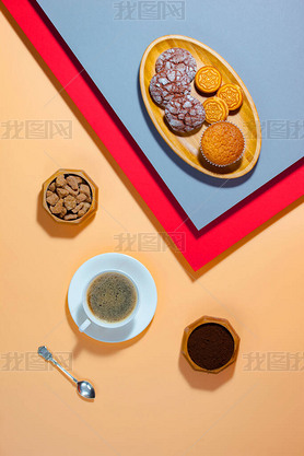 Coffee with dessert on a bright colored background