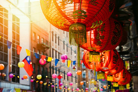 Red chinese lantern in Chinatown in New York city, USA. Festive decoration for Chinese New Year cele