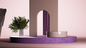 Big round podium with tall brown arc and green plant. Minimal design. 3d rendering.