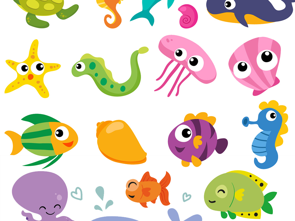 卡通鱼类海洋动物水草贝壳矢量插画元.图片设