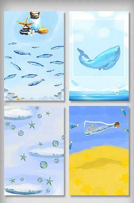 夏日卡通手绘海洋生物文艺海报背景