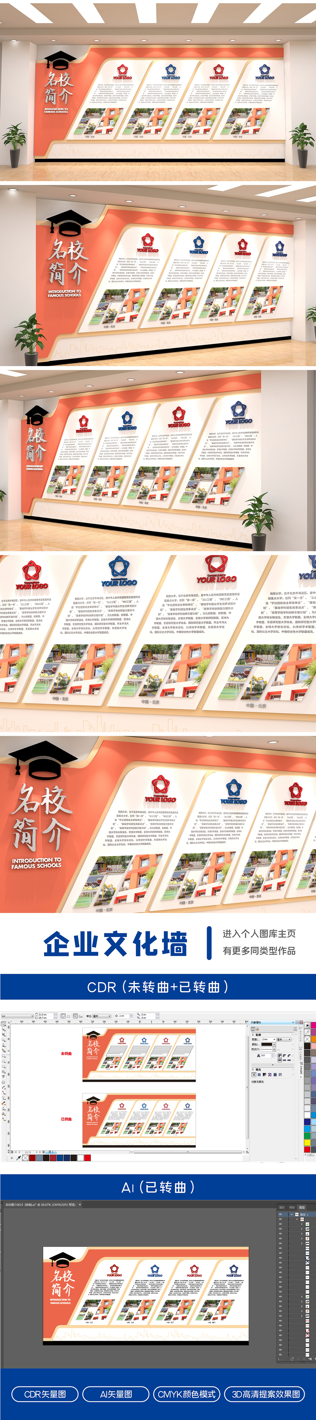 名牌大学简介创意大气立体橘色文化墙