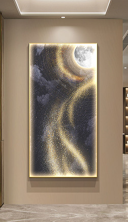 現(xian)代簡(jian)約抽象線條光影流光溢彩月(yue)亮客廳裝飾(shi)畫