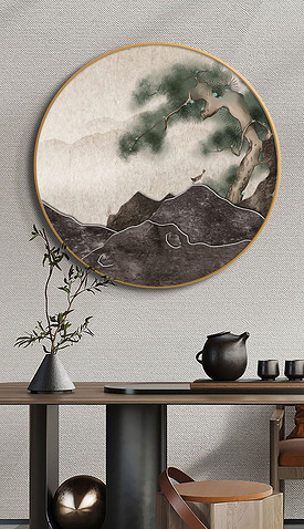 新中式圆形玄关装饰画太湖石背有靠山走廊客厅画