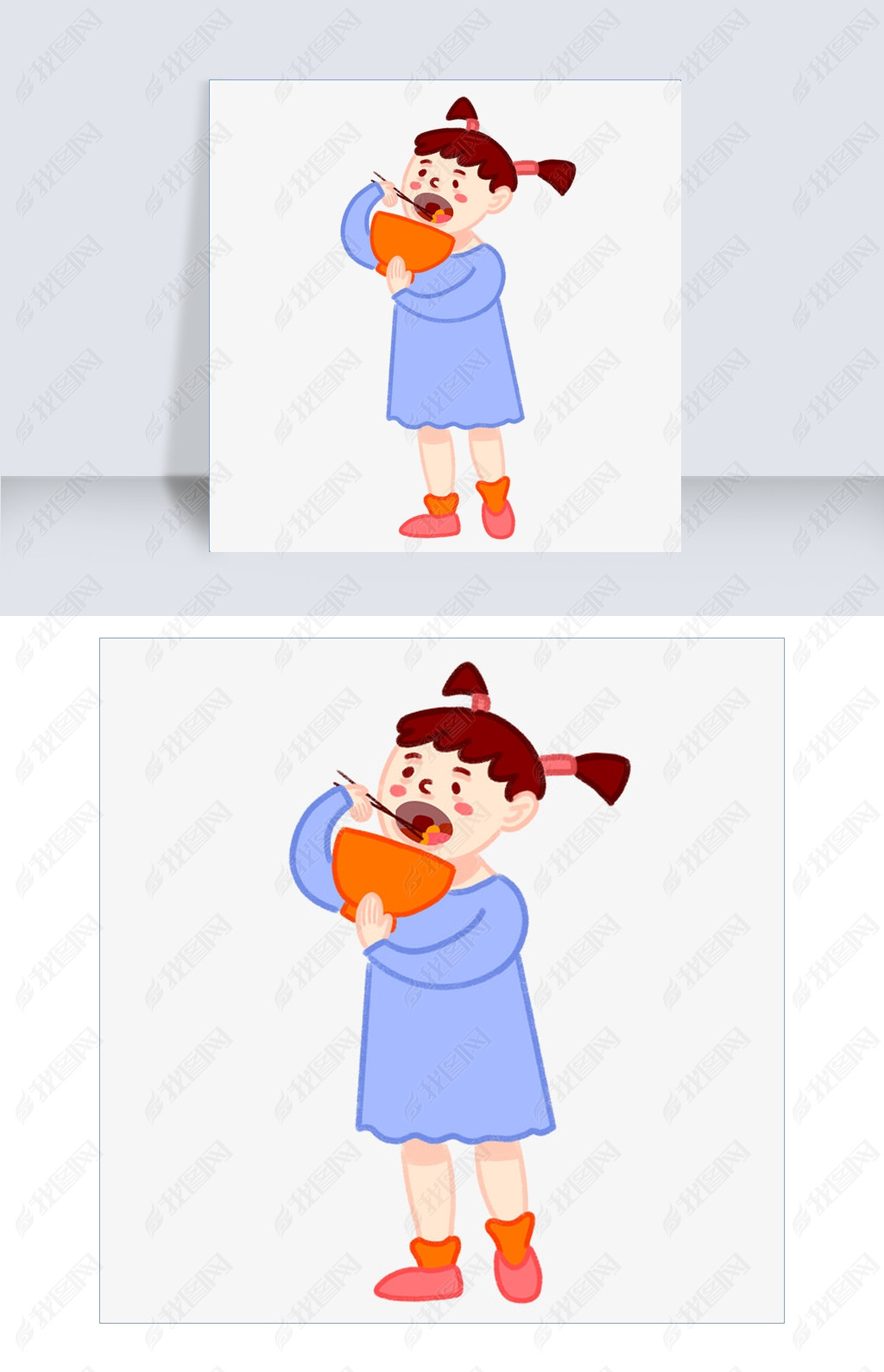 原创手绘卡通可爱小清新女孩吃肉贴秋膘