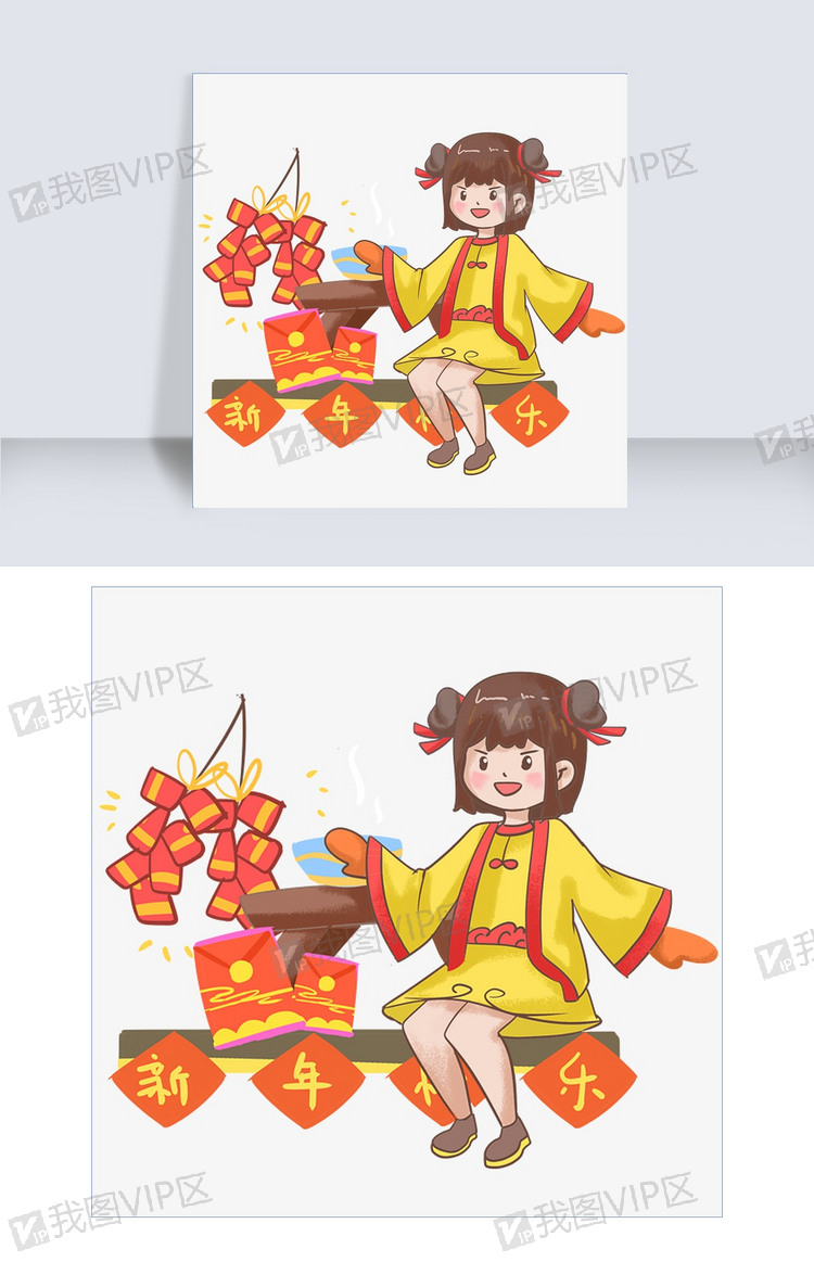 新年小女孩新年快乐鞭炮手绘插画