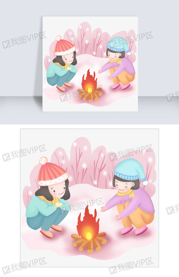 手绘冬天生火取暖的场景