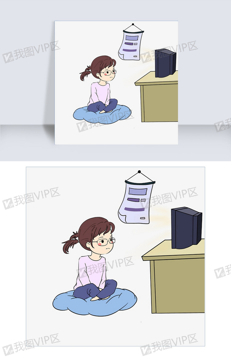 宅在家看电视的小女孩手绘插画